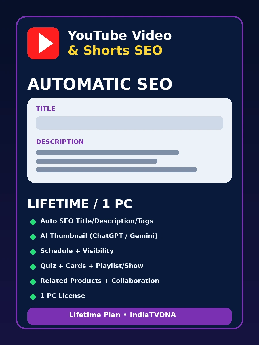 YouTube Video & Shorts Automatic SEO – Lifetime / 1 PC YouTube Video & Shorts Automatic SEO – Lifetime / 1 PC