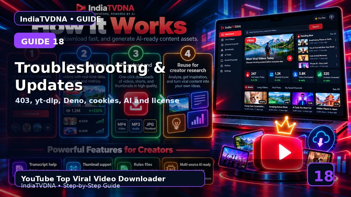 Troubleshooting Guide — 403, yt-dlp, Deno, Cookies, FFmpeg, AI & License
