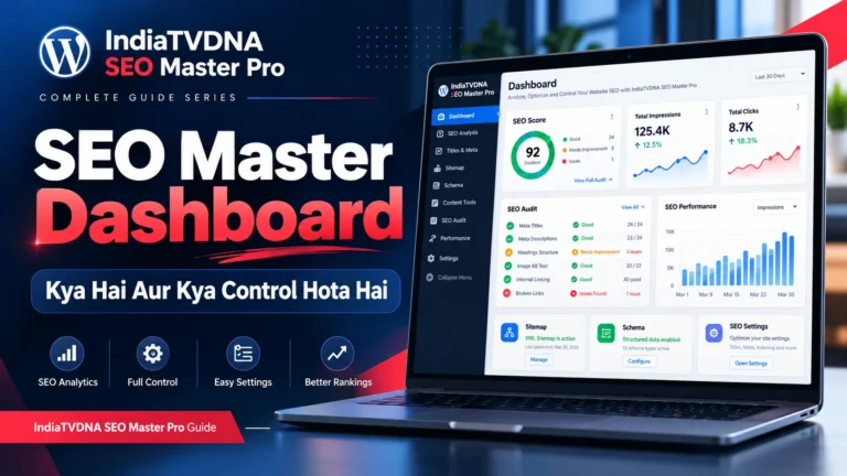 IndiaTVDNA SEO Master Pro dashboard guide showing SEO score audit traffic and reports
